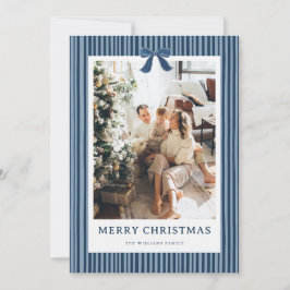 Tarjeta Festiva Navy Blue Stripe Bow Christmas Photo Holiday Card