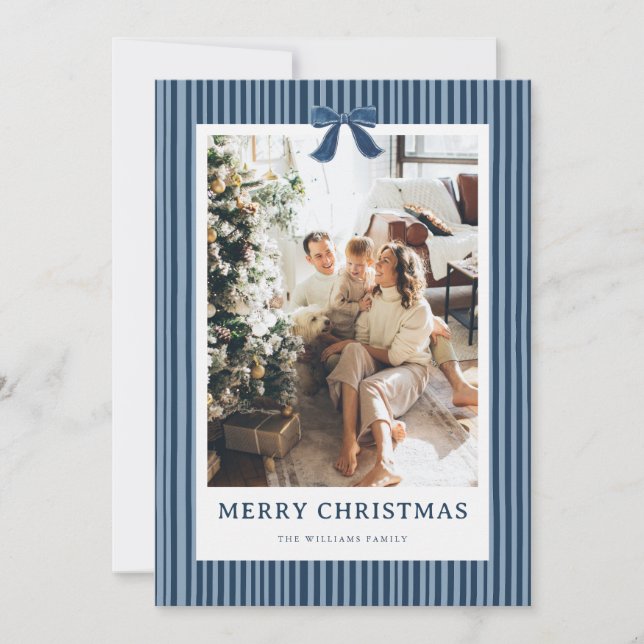 Tarjeta Festiva Navy Blue Stripe Bow Christmas Photo Holiday Card (Anverso)