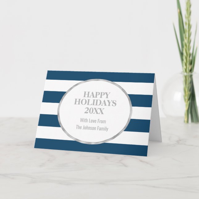 Tarjeta Festiva Navy Blue Stripes Silver Personalizado de vacacion (Anverso)