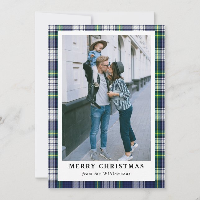 Tarjeta Festiva Navy Blue Tartan Plaid Photo Merry Christmas Card (Anverso)