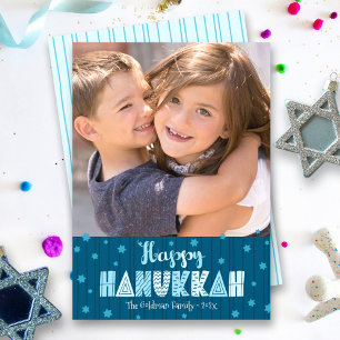 Tarjeta Festiva Navy Happy Hanukkah Photo Fun Typography Moderno