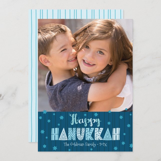 Tarjeta Festiva Navy Happy Hanukkah Photo Fun Typography Moderno (Anverso / Reverso)
