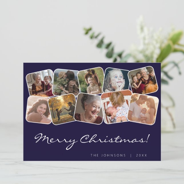 Tarjeta Festiva Navy Merry Christmas Whit Black 10 Collage de foto (Anverso de pie)