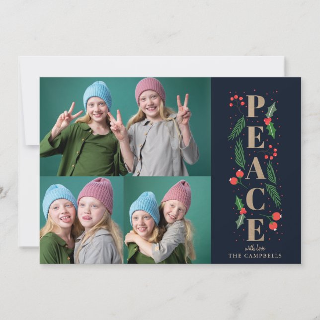 Tarjeta Festiva Navy Pine Holly Berries Gold Peace Foto múltiple (Anverso)