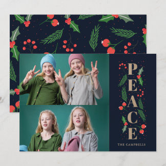 Tarjeta Festiva Navy Pine Holly Berries Gold Peace Foto múltiple