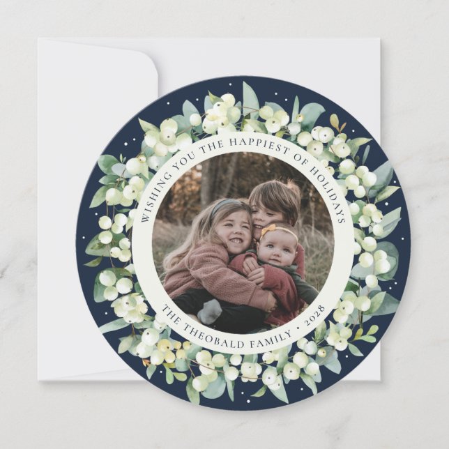 Tarjeta Festiva Navy Round/Square Snowberry+Eucalyptus Photo (Anverso)