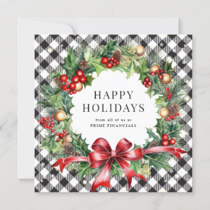 Tarjeta Festiva Negra Búfalo Plaid Wreath Holly Berries Business