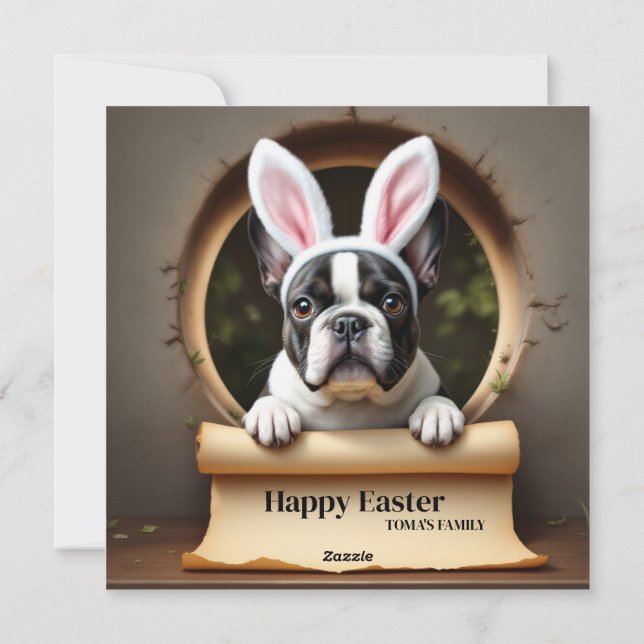 Tarjeta Festiva Negro Bulldog francés - con nombre de familia (Reverso)