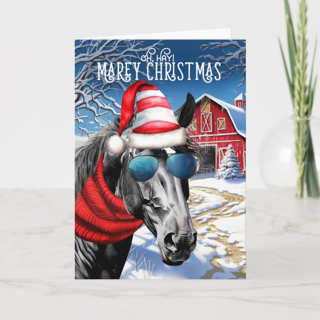 Tarjeta Festiva Negro con Navidades de la estrella blanca Horse di (Anverso)