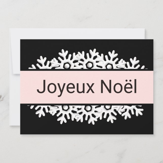 Tarjeta Festiva Negro, cuarzo rosa y copos de nieve blancos (Anverso)
