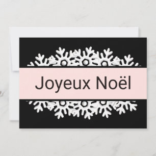 Tarjeta Festiva Negro, cuarzo rosa y copos de nieve blancos