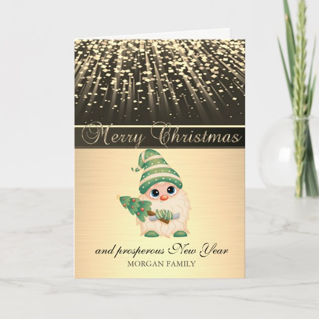 Tarjeta Festiva Negro elegante,Árbol de pino de Gnome (Anverso)