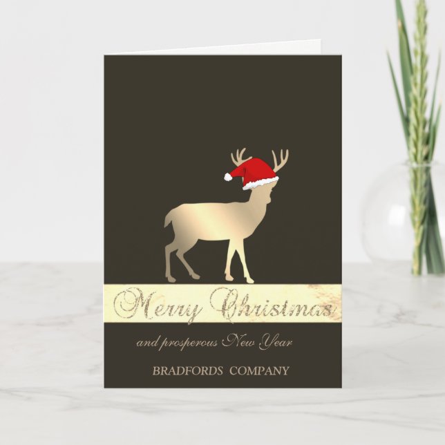 Tarjeta Festiva Negro elegante, Navidades Deer Santa Hat,Compañía (Anverso)