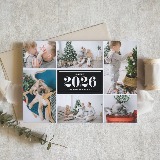 Tarjeta Festiva Negro y blanco 2025 Feliz Collage de fotos de Año  (Send 2026 new year cheer with this black and white photo collage Happy New Year Photo Card. )