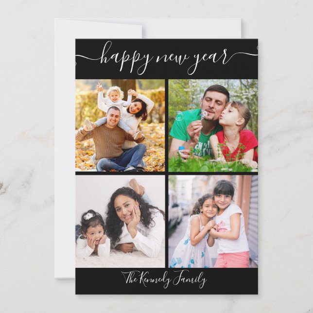 Tarjeta Festiva Negro Y Blanco Feliz Año Nuevo Año 4 Collage de fo (Anverso)