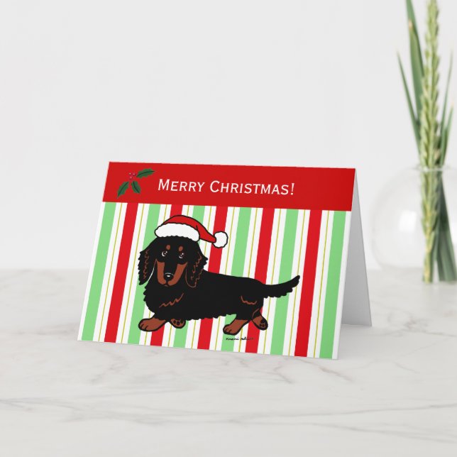 Tarjeta Festiva Negro y moreno de pelo largo del Dachshund (Anverso)