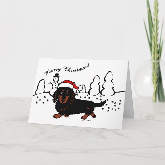 Tarjeta Festiva Negro y moreno de pelo largo del Dachshund (Anverso)