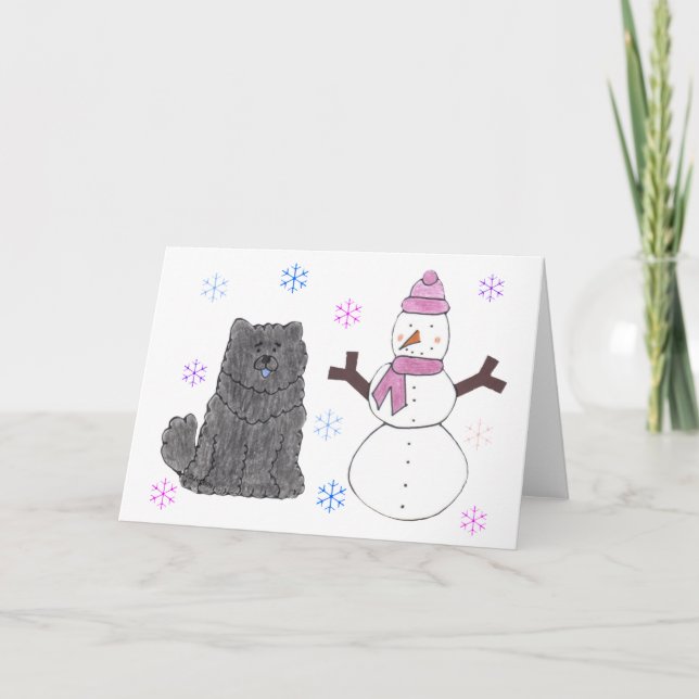 Tarjeta Festiva Negro y muñeco de nieve del perro chino de perro (Anverso)