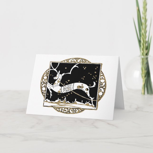 Tarjeta Festiva Negro y oro Art Deco Doily Deer (Anverso)