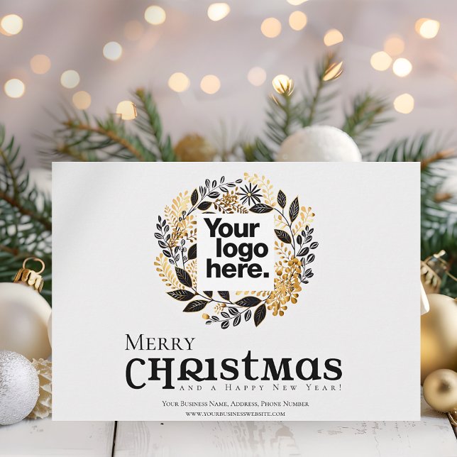 Tarjeta Festiva Negros modernos Navidades de la guirnalda del oro  (A Merry Christmas Corporate Business Card with your Logo and a trendy black and gold color theme.)
