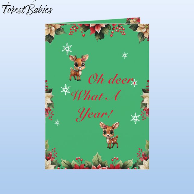 Tarjeta Festiva Nena, Amanecer, Perro, Renos Florales 🦌 🎄 Verde (ForestBabies Floral Baby Deer, Fawn, Doe, Reindeer Antler Lover, Poinsettia, Green Holiday Card 🦌🎄)