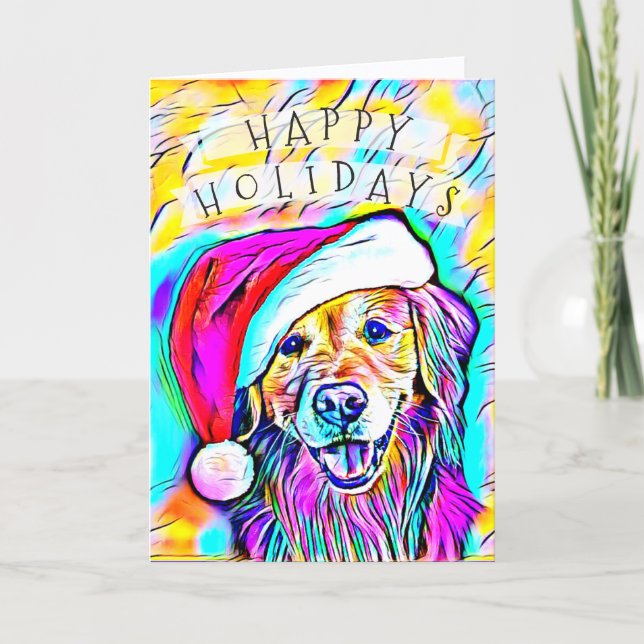 Tarjeta Festiva Neon Bright Colores Navidades Golden Retriever Art (Anverso)