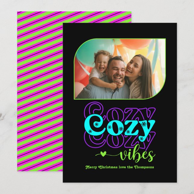 Tarjeta Festiva Neon Glow Cosy Vibes Solo Navidades Foto (Anverso / Reverso)
