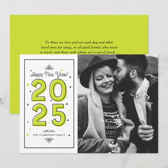 Tarjeta Festiva Neon Green Geometric Typography 2025 New Year (Anverso / Reverso)