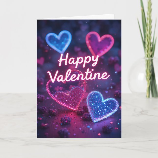 Tarjeta Festiva Neon Heart Valentine Modern Happy Valentines Day  (Anverso)