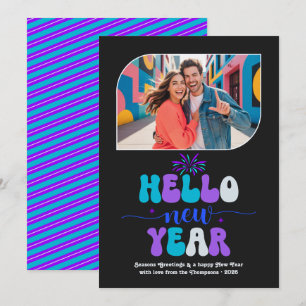 Tarjeta Festiva Neón Hielo Hola Año Nuevo Foto Azul Retro