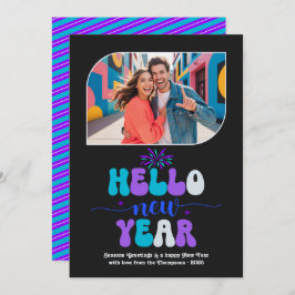 Tarjeta Festiva Neon Ice Hello New Year Blue Retro Photo