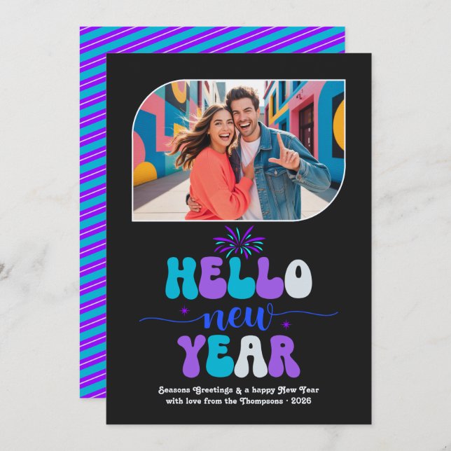 Tarjeta Festiva Neon Ice Hello New Year Blue Retro Photo (Anverso / Reverso)