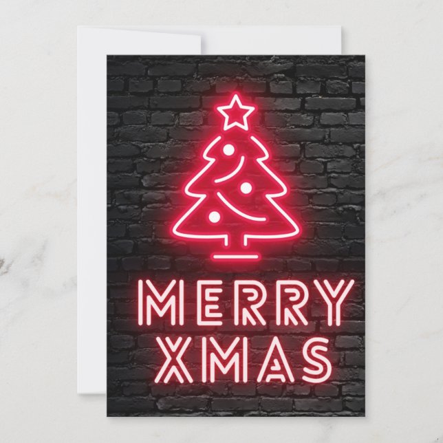 Tarjeta Festiva Neon Merry Xmas Red Tree Black Brladick Wall (Anverso)