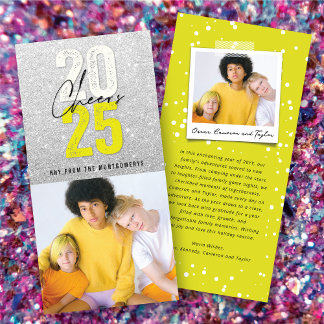 Tarjeta Festiva Neon Yellow Cheers 2025 Purpurina New Year Photo