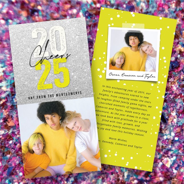 Tarjeta Festiva Neon Yellow Cheers 2025 Purpurina New Year Photo (Neon Yellow Cheers 2025 Glitter New Year Photo Holiday Card @ fat_fa_tin)