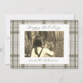 Tarjeta Festiva Neutral Green Plaid Holiday Card (Landscape)