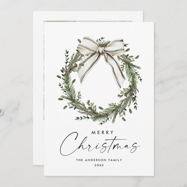 Tarjeta Festiva Neutral Minimalist Boho Christmas Wreath Photo (Anverso / Reverso)