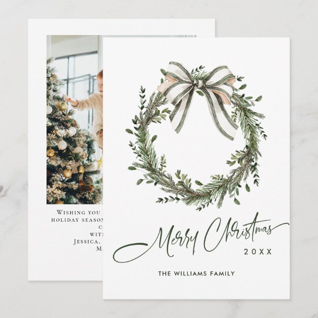 Tarjeta Festiva Neutral Minimalist Boho Christmas Wreath Photo (Anverso / Reverso)