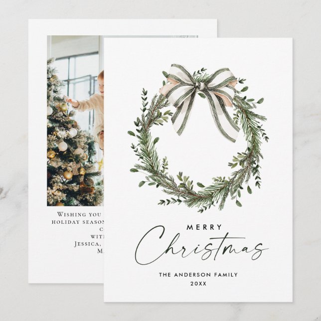 Tarjeta Festiva Neutral Minimalist Boho Christmas Wreath Photo (Anverso / Reverso)