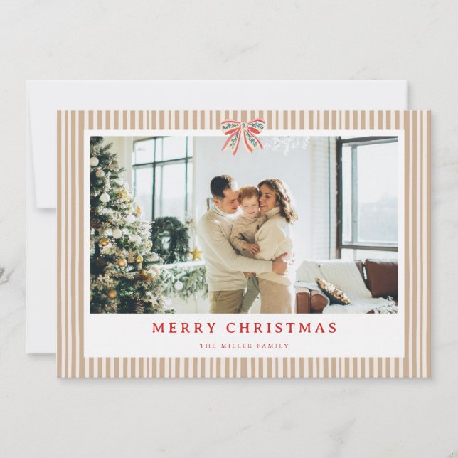 Tarjeta Festiva Neutral Stripe Bow Christmas Photo Holiday Card  (Anverso)