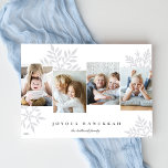 Tarjeta Festiva Nevada 4 Collage de fotos Hanukkah<br><div class="desc">El moderno y único diseño de la tarjeta Hanukkah incluye fotos favoritas junto a las grandes siluetas de copos de nieve pastel. Personaliza con tu(s) apellido(s) y el año bajo "Joyous Hanukkah" con letras clásicas.</div>