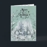 Tarjeta Festiva Nevado color de agua verde azul cielo Winter Fores<br><div class="desc">Escena invernal color azul verdoso y nevado, con algunos escalones frente a un bosque cristalizado y enmarcado con algunos gemelos de plata. El texto de delante dice "Feliz Navidad" y dentro puedes cambiar el saludo de temporada así como el texto restante. Diseño sutil y elegante de acuarela con tipografía decorativa...</div>