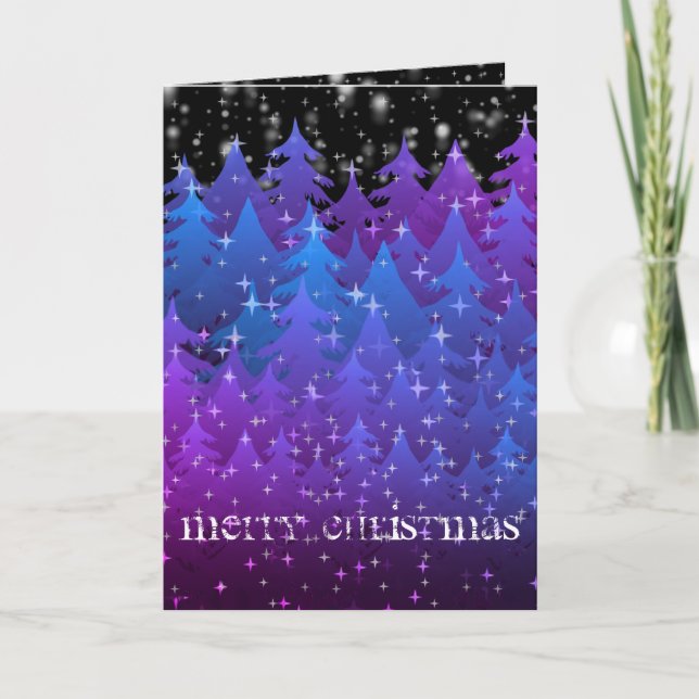 Tarjeta Festiva Nevando Starry Night Mystical Blue Purple Forest (Anverso)