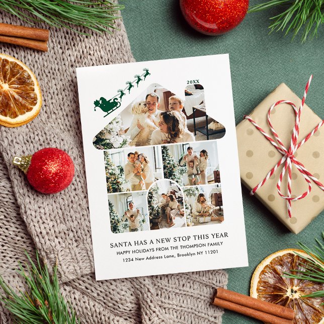 Tarjeta Festiva New Home Photo Collage Green Santa Sleigh Moving (Subido por el creador)