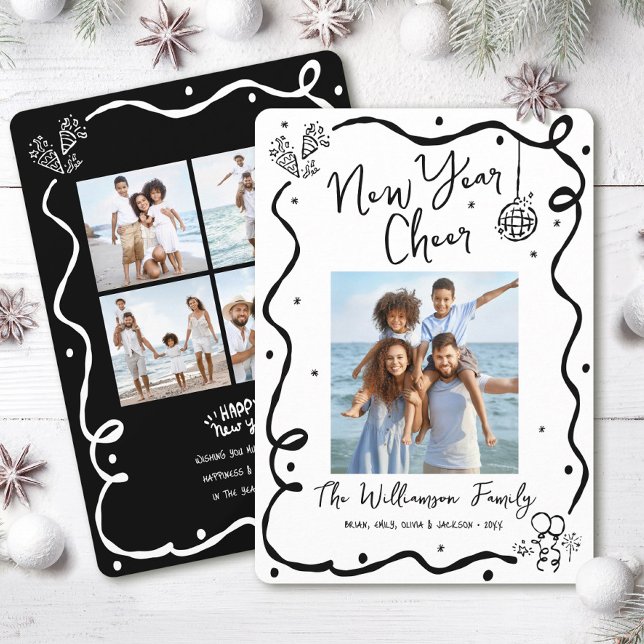 Tarjeta Festiva New Year Cheer 5 Photo Black White Hand Drawn Fun (Subido por el creador)