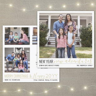 Tarjeta Festiva New Year New Adventures Moderno 4 Photo Gold Scrip