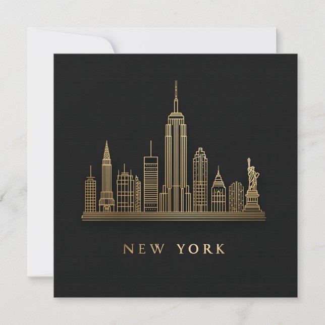 Tarjeta Festiva New York City Skyline Gold Line Art (Anverso)