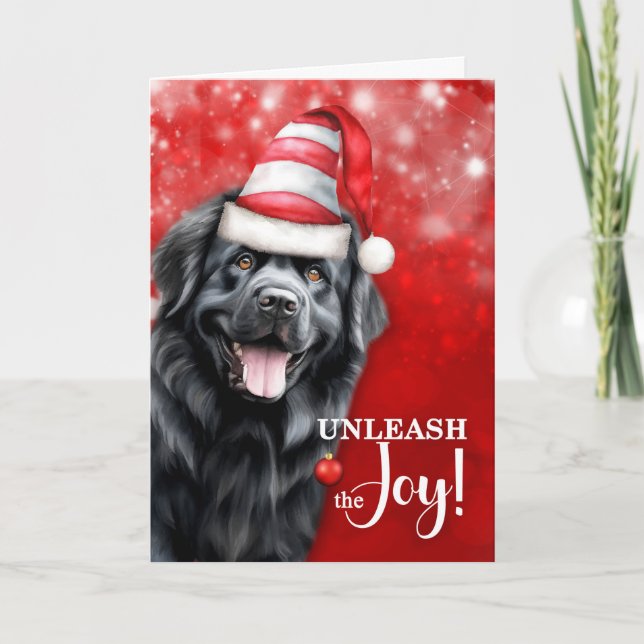Tarjeta Festiva Newfoundland Dog Unleash the Joy Christmas (Anverso)