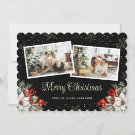 Tarjeta Festiva Newlywed 2 Photo Botanical Black Merry Christmas