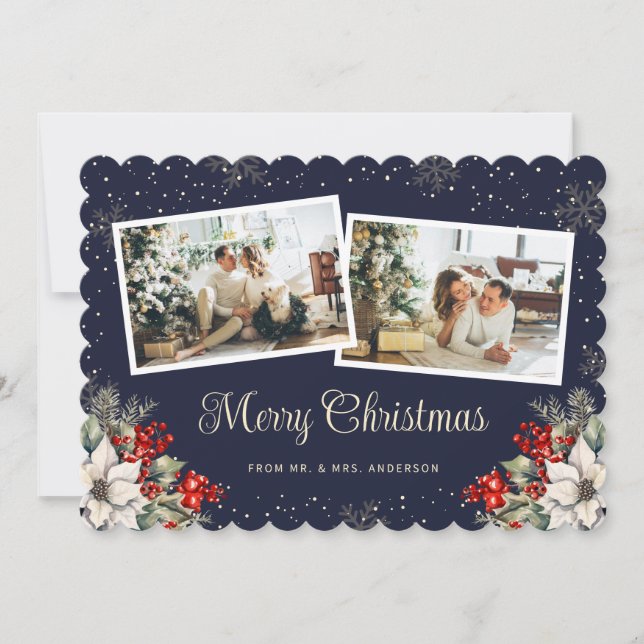 Tarjeta Festiva Newlywed 2 Photo Botanical Blue Merry Christmas (Anverso)